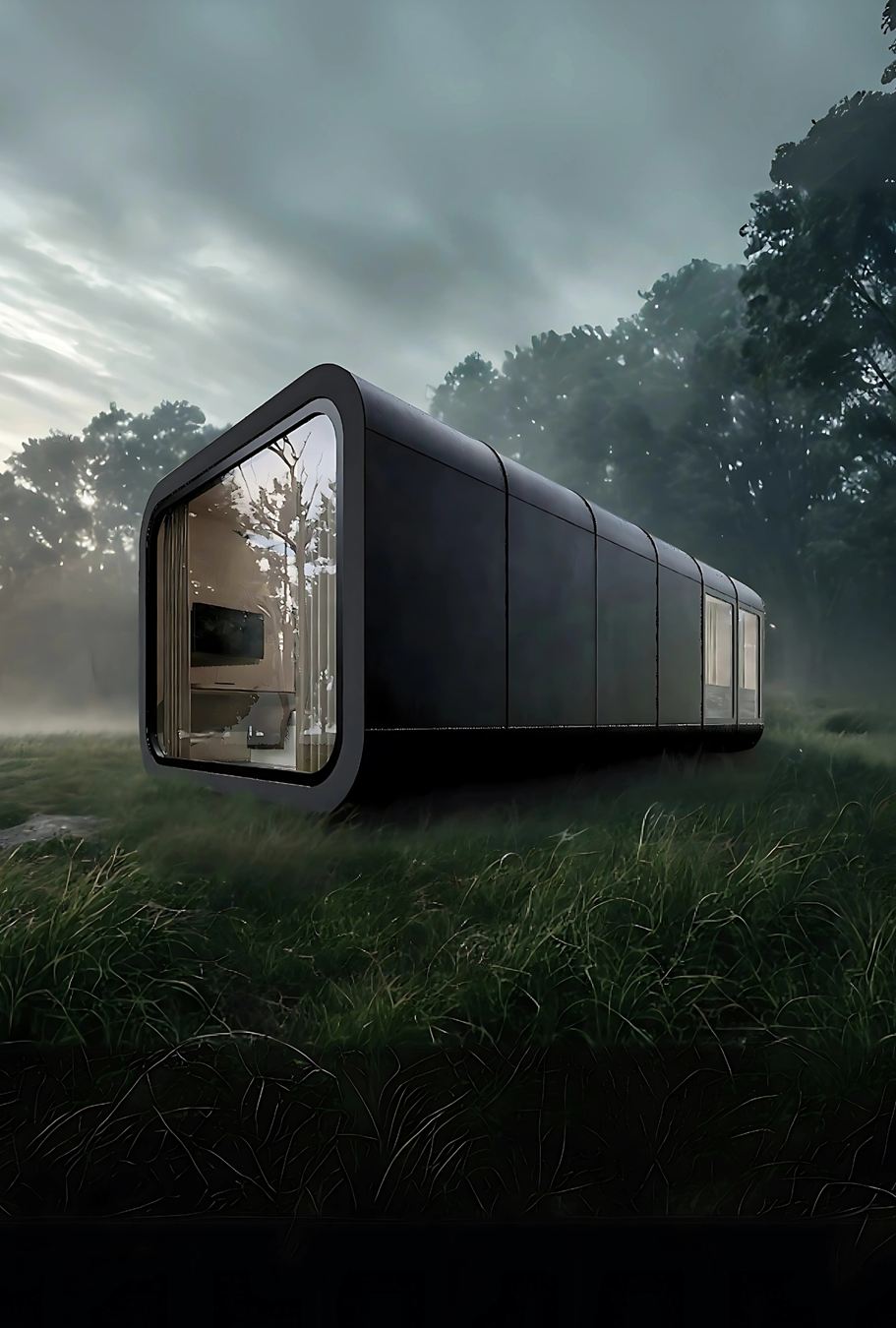 Domek na modułach – czarny domek na łące widziany z zewnątrz, projekt Tiny House, wizualizacja